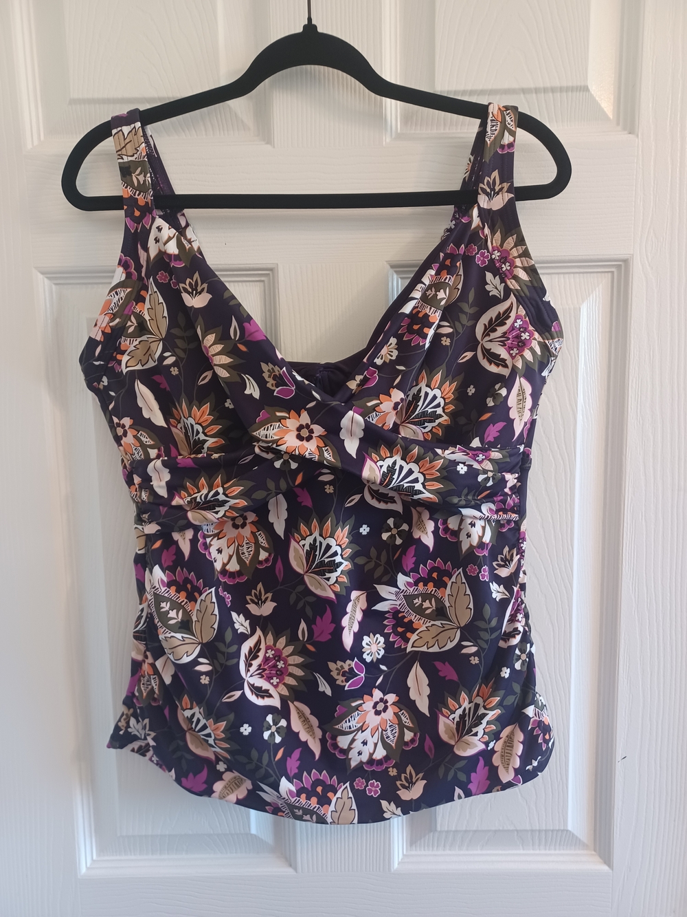 Lands' End Purple Floral Twist-Front Tankini Swim Top Ruched Vneck DDD Cup Bra